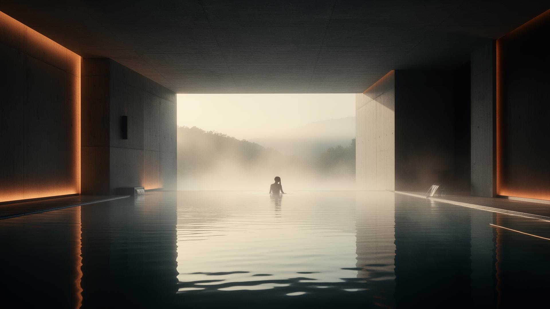 Mist rising over still thermal water in a minimalist concrete chamber